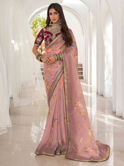 Odette - Peach Organza Printed Saree with Unstitched Blouse
