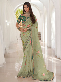 Odette - Light Green Organza Printed Saree with Unstitched Blouse