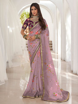 Odette - Lavender Organza Printed Saree with Unstitched Blouse