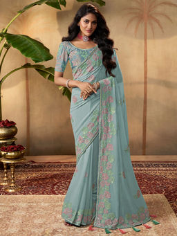 Odette - Sky Blue Georgette Embellished Saree with Unstitched Blouse