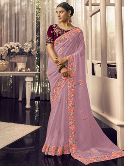 Odette - Lavender Georgette Embroidered Saree with Unstitched Blouse