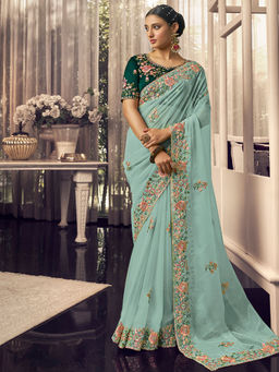 Odette - Sky Blue Georgette Embroidered Saree with Unstitched Blouse