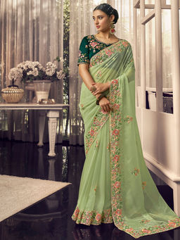 Odette - Light Green Georgette Embroidered Saree with Unstitched Blouse
