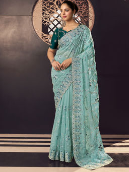 Odette - Aqua Organza Embroidered Saree with Unstitched Blouse