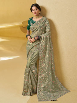 Odette - Olive Net Embroidered Saree with Unstitched Blouse