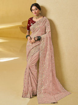 Odette - Peach Net Embroidered Saree with Unstitched Blouse