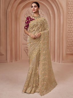 Odette - Beige Net Embroidered Saree with Unstitched Blouse