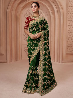 Odette - Green Net Embroidered Saree with Unstitched Blouse