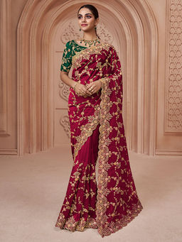 Odette - Maroon Net Embroidered Saree with Unstitched Blouse