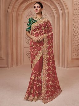 Odette - Red Net Embroidered Saree with Unstitched Blouse
