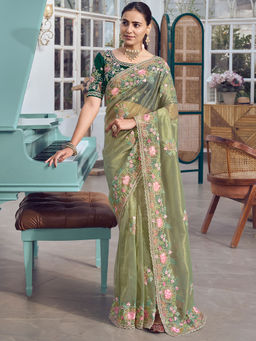 Odette - Green Net Embroidered Saree with Unstitched Blouse