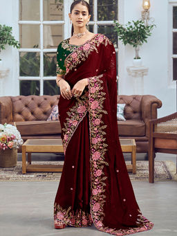 Odette - Maroon Organza Embroidered Saree with Unstitched Blouse