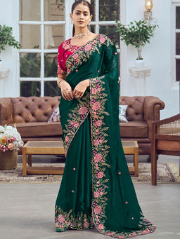 Odette - Green Organza Embroidered Saree with Unstitched Blouse