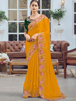 Odette - Yellow Organza Embroidered Saree with Unstitched Blouse