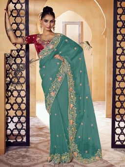 Odette - Light Blue Organza Embroidered Saree with Unstitched Blouse