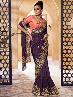 Odette - Purple Crepe Embroidered Saree with Unstitched Blouse