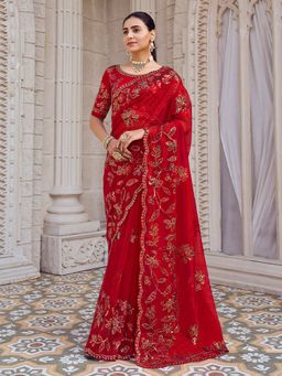 Odette - Red Net Embroidered Saree with Unstitched Blouse
