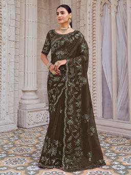 Odette - Green Net Embroidered Saree with Unstitched Blouse