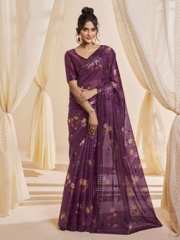 Odette - Wine Satin Printed Saree with Unstitched Blouse