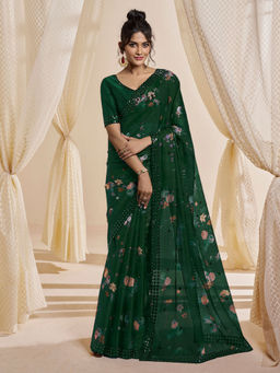Odette - Green Satin Printed Saree with Unstitched Blouse