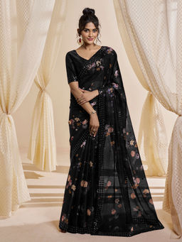 Odette - Black Satin Printed Saree with Unstitched Blouse
