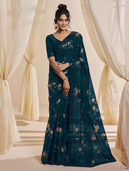 Odette - Teal Satin Printed Saree with Unstitched Blouse