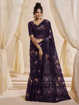 Odette - Purple Satin Printed Saree with Unstitched Blouse