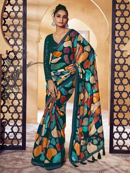 Odette - Teal Satin Printed Saree with Unstitched Blouse