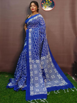 Odette - Blue Cotton Printed Saree with Unstitched Blouse