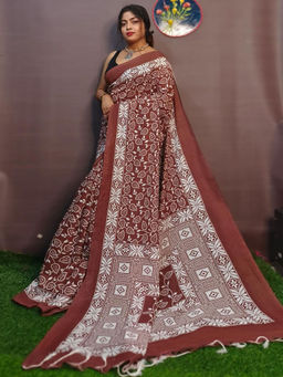 Odette - Brown Cotton Printed Saree with Unstitched Blouse