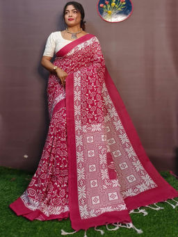 Odette - Maroon Cotton Printed Saree with Unstitched Blouse