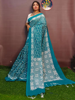 Odette - Teal Cotton Printed Saree with Unstitched Blouse