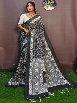 Odette - Black Cotton Printed Saree with Unstitched Blouse