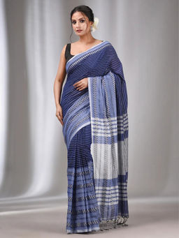 Odette - Navy Blue Cotton Saree with Unstitched Blouse