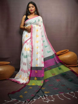 Odette - White Cotton Saree with Unstitched Blouse
