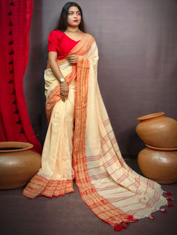 Odette - Beige Cotton Saree with Unstitched Blouse