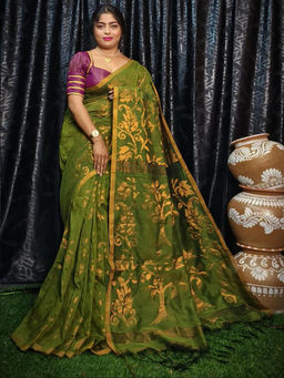 Odette - Olive Cotton Saree with Unstitched Blouse