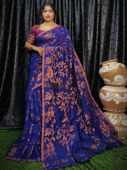 Odette - Navy Blue Cotton Saree with Unstitched Blouse