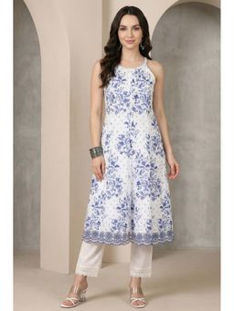 Aurelia - Women's White Floral Printed Schiffli Pure Cotton Sleeveless Kurta