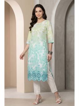 Aurelia - Women's Multi-Color Floral Printed Schiffli Embroidered Pure Cotton Straight Kurta