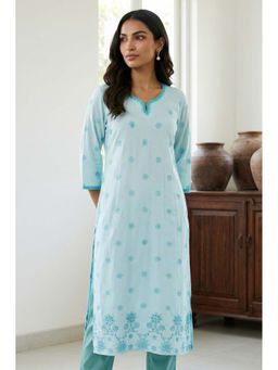 Aurelia - Women's Light Blue Embroidered Rayon Straight Kurta