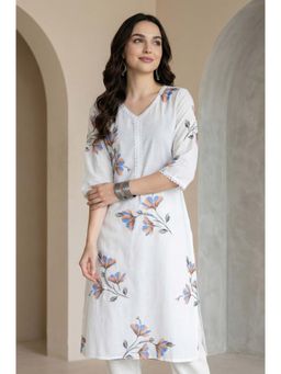 Aurelia - Women's White Floral Printed Pure Cotton Straight Kurta