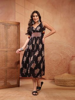 Stylum - Women's Black Ethnic Printed and Embroidered Cotton A-Line Dress