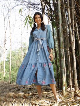 Stylum - Women's Blue Solid and Embroidered Rayon Flared Dress with Belt