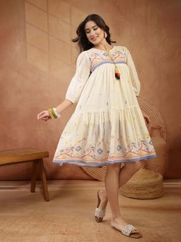 Stylum - Women's Cream Solid and Embroidered Cotton Tiered Dress