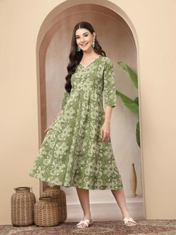 Stylum - Women's Green Floral Printed Cotton Flared Dress