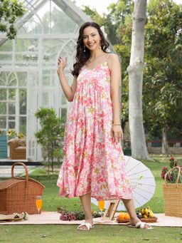 Stylum - Women's Pink Floral Printed Cotton Flared Dress