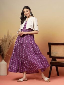 Stylum - Women's Purple Woven Printed Cotton Dress with Cotton Flax Jacket