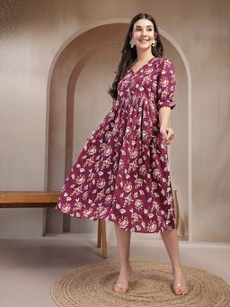 Stylum - Women's Wine Floral Printed Cotton Flared Dress