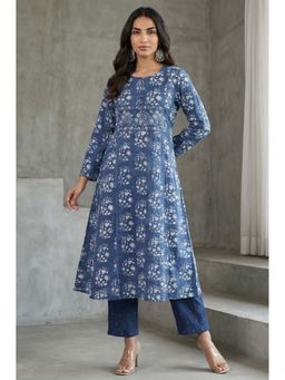 Folksong - Women's Block Printed Sequin Pure Cotton Flared Kurta